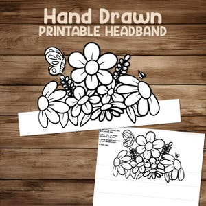 Puede incluir: Diadema imprimible en blanco y negro con un diseño floral, que incluye margaritas, mariposas y hojas. El texto "Hand Drawn Printable Headband" está en la parte superior. Las instrucciones están impresas en la parte inferior.