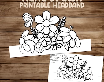Spring Flowers and Butterfly Coloring Crown - Printable Kids Paper Craft Activity - Preschool and up Cut and Glue Headband Hat Page