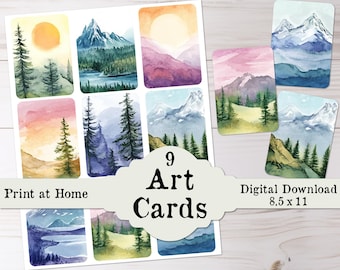 Art Cards Set Printable Junk Journal Ephemera Mini Watercolor Paintings Fussy Hand Cut & Print and Cut Cutting Machine Kit Download ATC ACEO