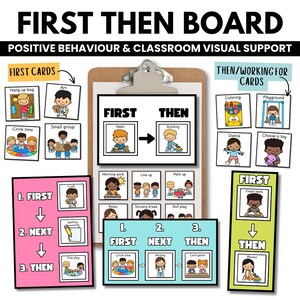 Könnte beinhalten: Ein First Then Board visuelles Unterstützungssystem mit einem Klemmbrett mit First Then Karte, verschiedenen Aktivitätskarten beschriftet als First Cards und Then/Working For Cards sowie Sequenzdiagrammen in Pink, Blau und Grün.