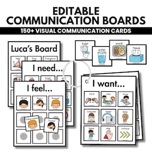 Puede incluir: Un conjunto de tableros de comunicación editables con más de 150 tarjetas visuales. Los tableros incluyen encabezados como Luca's Board, I need, I feel y I want, con varios iconos ilustrados para emociones y necesidades en una anilla.