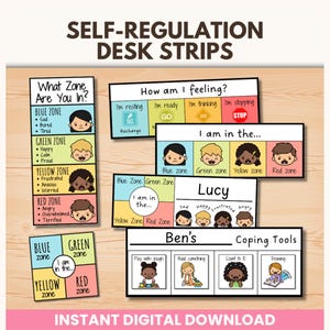 Puede incluir: Un conjunto de tiras de escritorio de autorregulación con el texto "SELF-REGULATION DESK STRIPS". Las tiras incluyen zonas, sentimientos y herramientas de afrontamiento. También está presente el texto "INSTANT DIGITAL DOWNLOAD".