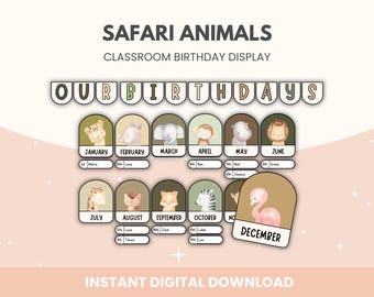 Safari Animals Bulletin Board Birthday Display | Classroom Birthday Bulletin Board Bundle | Watercolor Safari Animals Decor