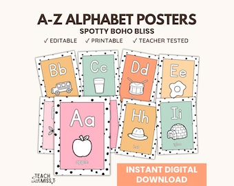 Pôsteres do alfabeto Boho para sala de aula: decoração de A a Z com bolinhas (download digital)