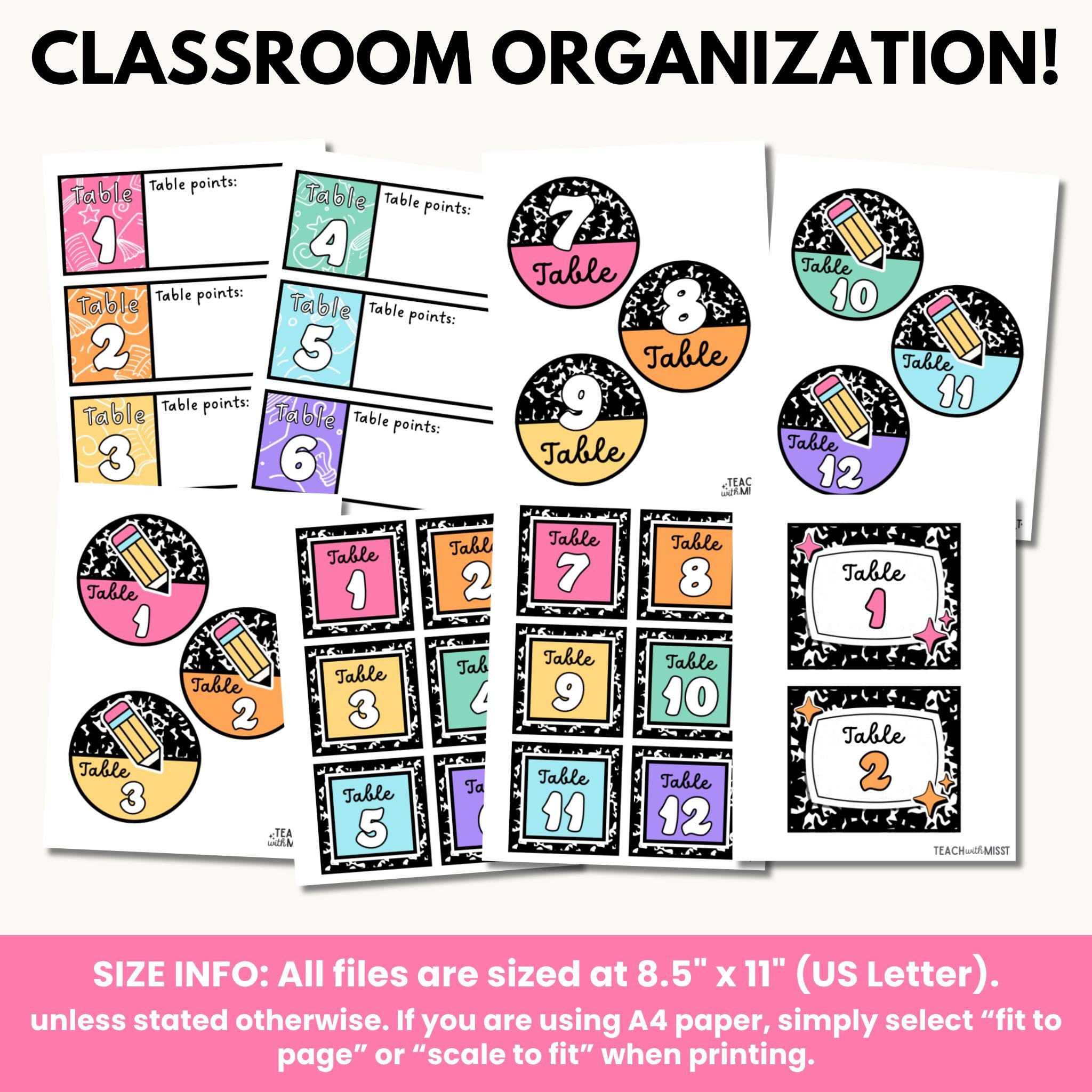 Table Numbers Classsoom Classroom Table Numbers & Signs: Composition Notebook Theme (digital ...