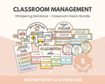 May include: A collection of classroom management tools with the text "Classroom Management" and "Whispering Rainbows - Classroom Decor Bundle." Includes signs for noise levels, classroom jobs, and daily activities. The image has a soft, pastel color scheme.