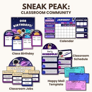 May include: A set of classroom decor posters with an outer space theme. The posters feature astronauts, planets, and stars. The posters include a classroom birthday chart, a daily schedule, a classroom jobs chart, and a calendar. The posters are printed on white cardstock with a glossy finish.