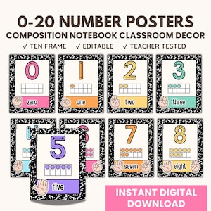 Puede incluir: Pósteres educativos con los números del 0 al 8, diseñados con un tema de cuaderno de composición. Cada póster muestra un número, su forma escrita y una representación de marco de diez. Los pósteres están etiquetados como "0-20 Number Posters".