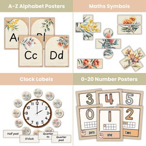 Może przedstawiać: Edukacyjne plakaty i etykiety z alfabetem, symbolami matematycznymi, liczbami i zegarem. Plakaty mają neutralną paletę kolor&oacute;w z kwiatowymi akcentami. Etykiety zegara pokazują godziny w pięciominutowych odstępach. Plakaty z numerami wyświetlają liczby od zera do pięciu.