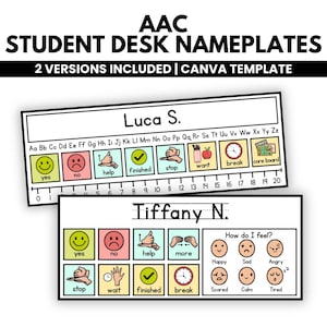 May include: Two rectangular AAC student desk nameplates featuring black text on white backgrounds. The top plate includes an alphabet strip, a number line from 0 to 20, and communication icons. The bottom plate includes communication icons and a How do I feel section with six facial expressions.