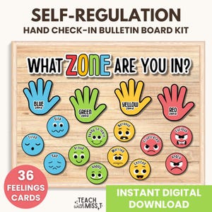 May include: A bulletin board kit for self-regulation, featuring the text "What Zone Are You In?" with hand shapes in blue, green, yellow, and red. Includes 36 feeling cards with various emotions. The kit is an instant digital download.