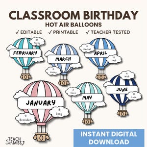 Puede incluir: Un gráfico de cumpleaños para el aula con globos aerostáticos coloridos, cada uno representando un mes. Los globos son en tonos azules, rosas y verdes, con nombres y fechas en las nubes. El texto dice "Cumpleaños en el aula" y "Descarga digital instantánea".