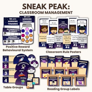 May include: Classroom management posters and labels with an outer space theme. The posters feature astronaut, rocket, alien, and UFO illustrations. The labels feature planets, stars, comets, and rockets. The posters have the text "Our Classroom Rules" and "We are Good Listeners". The labels have the text "Planets", "Stars", "Comets", "UFOs", "Astronauts", "Rockets".