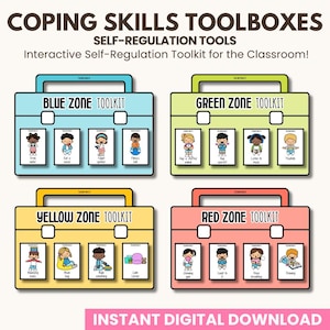 May include: Four colourful toolboxes labelled Blue, Green, Yellow, and Red Zone Toolkits. Each toolbox has a handle and contains cards with coping skills illustrations. Text at the top reads "COPING SKILLS TOOLBOXES". The bottom text says "INSTANT DIGITAL DOWNLOAD".