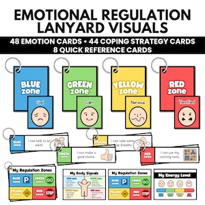 Può includere: Visual per cordini di regolazione emotiva con 48 carte delle emozioni, 44 carte delle strategie di coping e 8 carte di riferimento rapido. Il set include carte codificate a colori blu, verde, giallo e rosso con testo ed espressioni facciali.