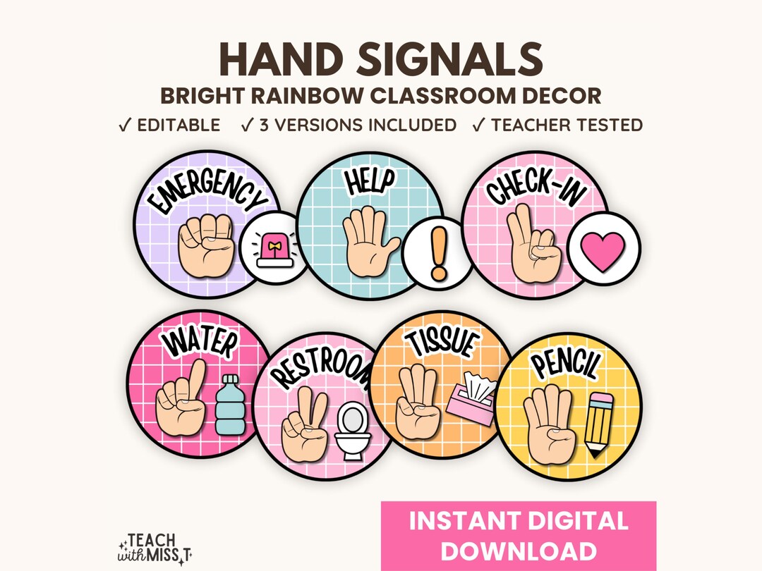 Bright Classroom Hand Signals Posters: Rainbow Bulletin Board (digital ...