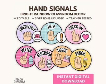 Bright Classroom Hand Signals Posters: Rainbow Bulletin Board (Digital Download)