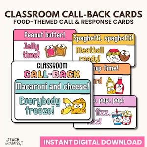 May include: A set of food-themed classroom call-back cards with phrases like "Peanut butter!" and "Spaghetti, spaghetti!" The cards have colourful illustrations and are designed for interactive learning. The text "Instant Digital Download" is also included.