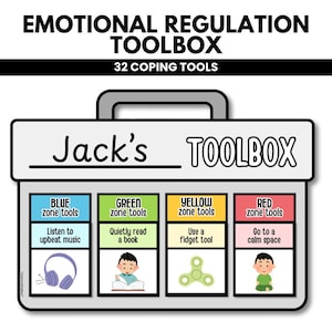 Può includere: Un'illustrazione grafica di una cassetta degli attrezzi per la regolazione emotiva con 32 strumenti di coping. La cassetta presenta quattro sezioni codificate a colori: blu per la musica, verde per la lettura, giallo per i fidget e rosso per la calma.