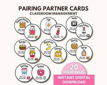 Tarjetas de compañeros de clase / Tarjetas de maridajes de alimentos / Recursos para la gestión del aula (Descarga digital)