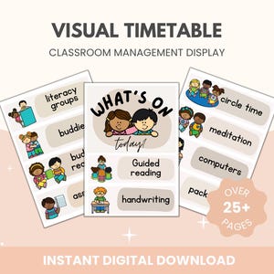 Puede incluir: Un horario visual para la gestión del aula con ilustraciones coloridas de niños. Las tarjetas presentan actividades como grupos de alfabetización, lectura de compañeros, lectura guiada, escritura, tiempo de círculo, meditación, computadoras y empacar. El texto "What's On Today?" aparece en una de las tarjetas. El texto "Over 25+ Pages" aparece en una tarjeta separada.