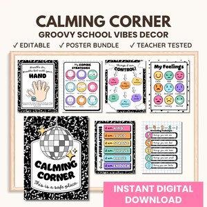Könnte beinhalten: Ein gerahmtes Posterset mit einem groovy Schulthema. Die Poster enthalten Strategien für die beruhigende Ecke, Bewältigungstechniken und tägliche Affirmationen. Die Farbpalette umfasst Schwarz, Weiß, Rosa und Gelb. Der Text auf den Postern enthält "Calming Corner".