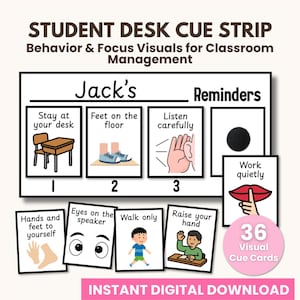 Puede incluir: Una tira de señales visuales para el escritorio del estudiante con recordatorios visuales para la gestión del aula. La tira incluye ilustraciones para quedarse en el escritorio, pies en el suelo, escuchar con atención y trabajar en silencio.
