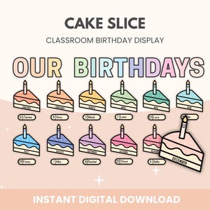 Puede incluir: Una pantalla de cumpleaños para el aula con el tema de una rebanada de pastel. Cada rebanada es de un color diferente y tiene un mes y un nombre. El texto "OUR BIRTHDAYS" está en la parte superior de la pantalla.