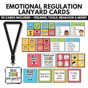 Puede incluir: Un conjunto de 52 tarjetas de regulación emocional para cordón con zonas coloridas, sentimientos y herramientas. Las tarjetas incluyen texto como 'What ZONE are you in?', 'Feelings', 'TOOLS' y 'Check your ZONES, use your TOOLS!' con ilustraciones.