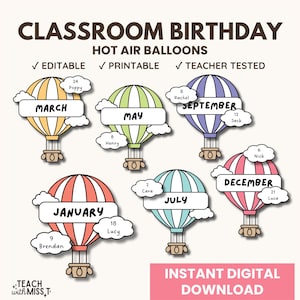 Hot Air Balloon Classroom Birthday Display | Class Birthday Bulletin Board Display | Rainbow Classroom Decor | Back to School Bulletin Board