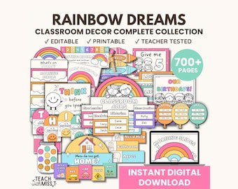 Paquete de decoración para el aula arcoíris / Imprimibles brillantes para el aula / Colección completa / Megapaquete / Gestión del aula / Regreso a clases
