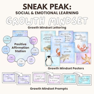 May include: A set of colorful posters and cards with illustrations of animals and text promoting a growth mindset. The posters feature phrases like "Mistakes are proof that you are trying" and "It's okay to know, it's okay to try!" The cards feature phrases like "I can't do it" and "I'm still learning".