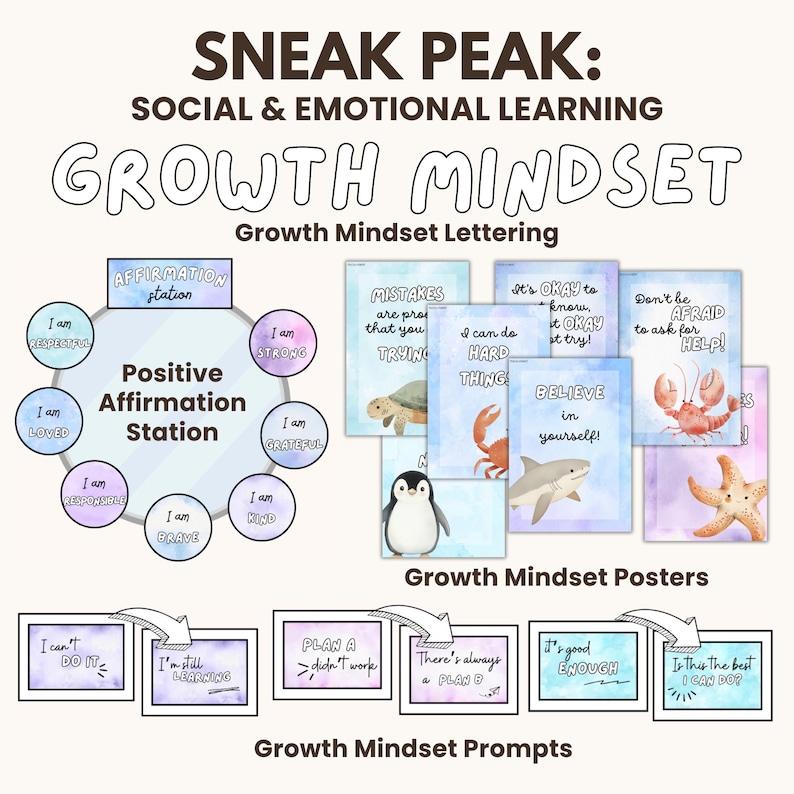 May include: A set of colorful posters and cards with illustrations of animals and text promoting a growth mindset. The posters feature phrases like "Mistakes are proof that you are trying" and "It's okay to know, it's okay to try!" The cards feature phrases like "I can't do it" and "I'm still learning".