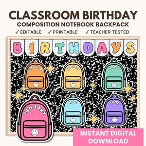 Composition Theme Classroom Decor | Bright Classroom Birthday Display | Birthday Bulletin Board Kit | Composition Notebook Theme