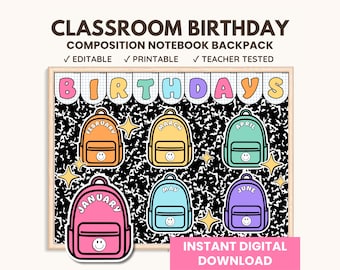 Composition Notebook Classroom Birthday Display Kit: Bulletin Board Decor (Digital Download)