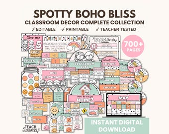Pacote de Decoração Boho com Bolinhas para Sala de Aula | Materiais Editáveis para Imprimir | Sala de Aula Tranquila | Gestão de Sala de Aula | Volta às Aulas
