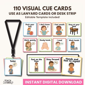 以下が含まれることがあります： イラストとテキストが特徴の110枚のビジュアルキューカードのセット。ランヤードカードやデスクストリップとして使用できます。「Pack your bag」、「I don't know」、「Wash hands」などのフレーズがカードに表示されています。