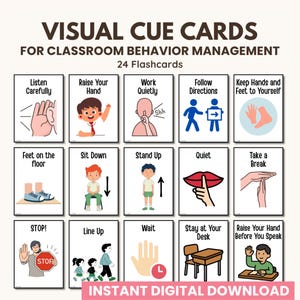 Könnte beinhalten: Ein Satz von 24 visuellen Hinweiskarten für das Klassenraum-Verhaltensmanagement. Jede Karte zeigt eine einfache Illustration und Text, wie "Aufmerksam zuhören", "Hand heben" und "Anweisungen befolgen". Die Karten sollen Schülern helfen, Regeln zu verstehen.