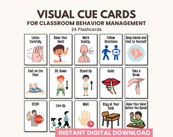 Classroom Behavior Management Visual Cue Cards: 24 Flashcards (Digital Download)