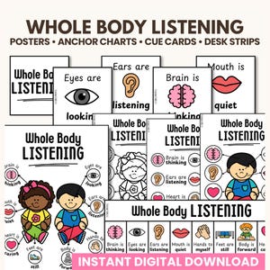 May include: A collection of educational posters and cue cards with the text "Whole Body Listening." The posters feature illustrations of body parts and related actions, such as eyes looking and ears listening. The color palette includes white, black, and pink.