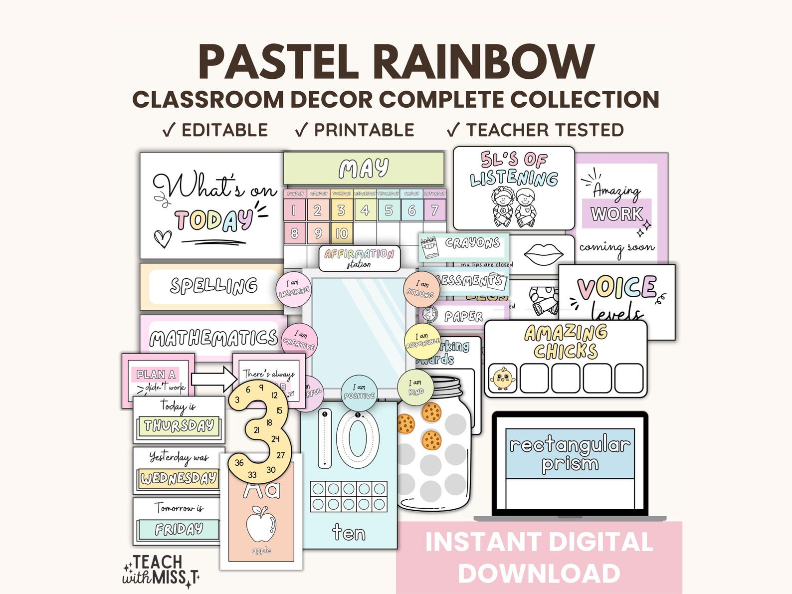 Pastel Rainbow Classroom Decor Bundle | Editable Classroom Printables ...