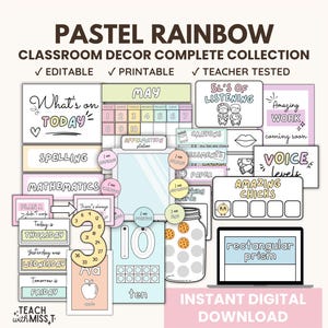 Pastell Regenbogen Klassenzimmer Display Bundle Dekor bearbeitbar | Back to School Pack für Klassenzimmer | Regenbogen Klassenzimmer Dekor zum Ausdrucken