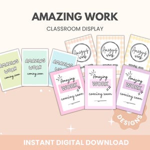 Amazing Work Coming Soon Posters | Classroom Student Work Display Bulletin Board | Back to School Display | Pastel Rainbow Classroom Display