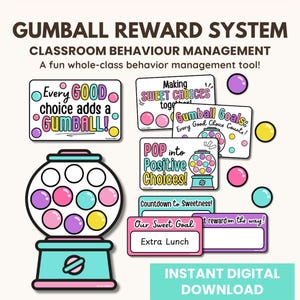 Könnte beinhalten: Ein digitales Gumball-Belohnungssystem für das Klassenmanagement. Das Design zeigt einen Kaugummiautomaten, bunte Gumballs und Text, der lautet: "Jede gute Wahl fügt eine Gumball hinzu!" und "Sofortiger digitaler Download."