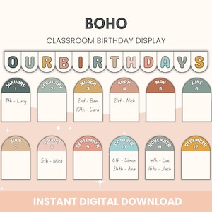 Modernes Boho Klassenzimmer Geburtstag Display Bundle | Klasse Geburtstag Bulletin Board Display Printable | Zurück zu Schuldekor | Klassenzimmer Dekor