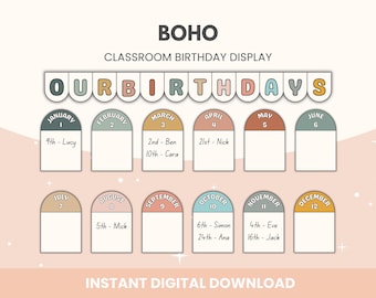 Verjaardagsdisplay bohoklas: rustig klasdecor (digitale download)