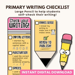 Puede incluir: Una lista de verificación de escritura primaria con un encabezado rosa y blanco que dice "Check your WRITING!". La lista de verificación incluye secciones para mayúsculas, puntuación y espacios. Un lápiz de dibujos animados está a la derecha.