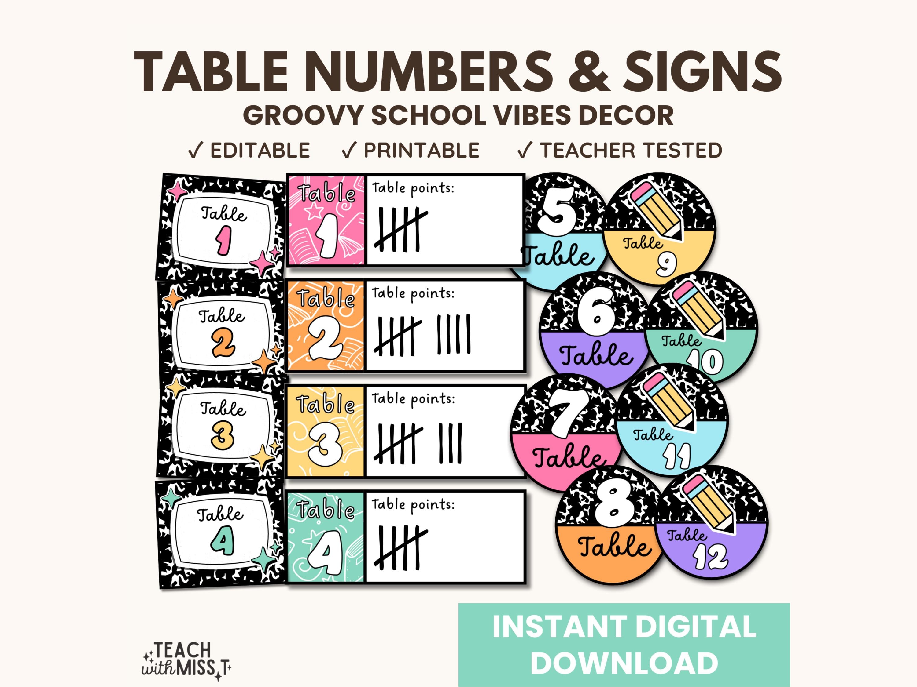 Classroom Table Numbers & Signs: Composition Notebook Theme (digital ...