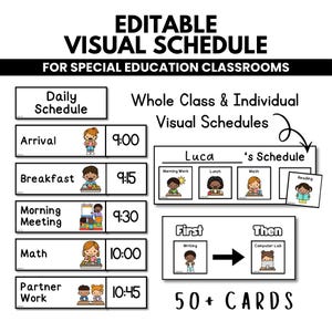 Peut inclure: Un emploi du temps visuel modifiable pour les classes d'éducation spécialisée avec du texte noir sur des cartes blanches. Il comprend une liste d'horaires quotidiens, un emploi du temps personnalisé pour Luca et un tableau Premier-Ensuite avec 50 cartes.