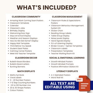 May include: A colourful printable classroom decor resource pack with a list of classroom community, classroom management, classroom decor, maths displays, literacy displays, and social and emotional learning resources. The text "All text are editable using PPT" is in a blue box with a white border.